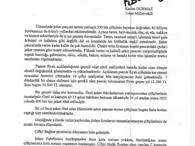 CHP’Lİ DURMAZ: “ŞEKER İTHAL EDER HALE GETİRDİKLERİ ÜLKEMİZDE ŞEKER PANCARI ÜRETİCİSİ TOPRAĞA KÜSTÜRÜLMEK İSTENİYOR”