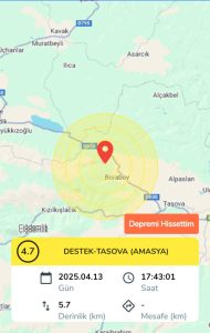 Amasya Taşova İlçesi Destek Mevkindeki 4.7 Şiddetindeki Deprem Erbaa ve Tokat Merkezdende Hissedildi
