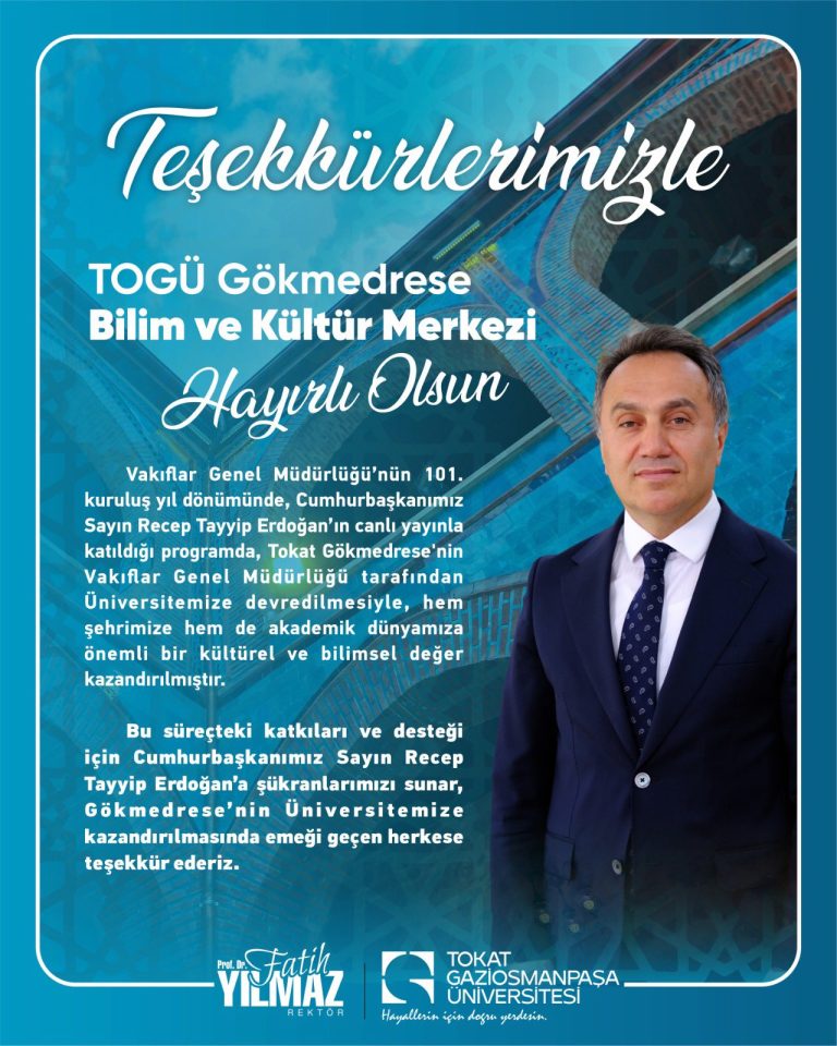 Prof. Dr. Fatih Yılmaz’dan Gökmedrese için teşekkür mesajı
