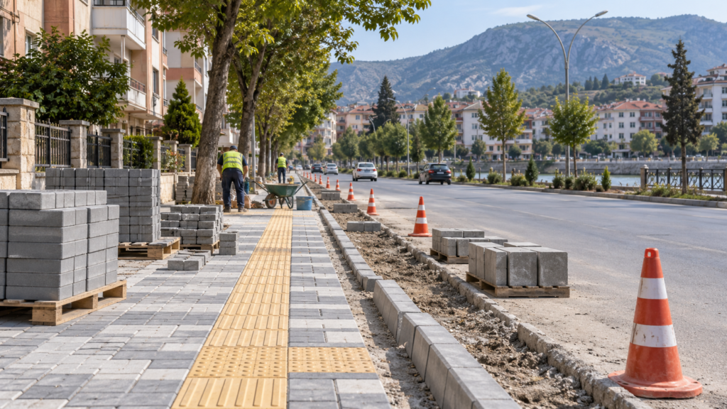 Tokat Sıtkı Ulaşoğlu Caddesi’nde parke, bordür ve yön taşı çalışması sürüyor