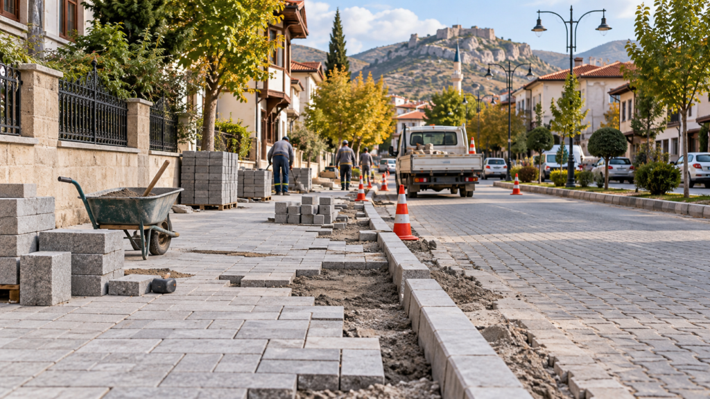 Tokat Akdeğirmen’de iki noktada onarım: Sokakta bordür, bulvarda granit çalışması